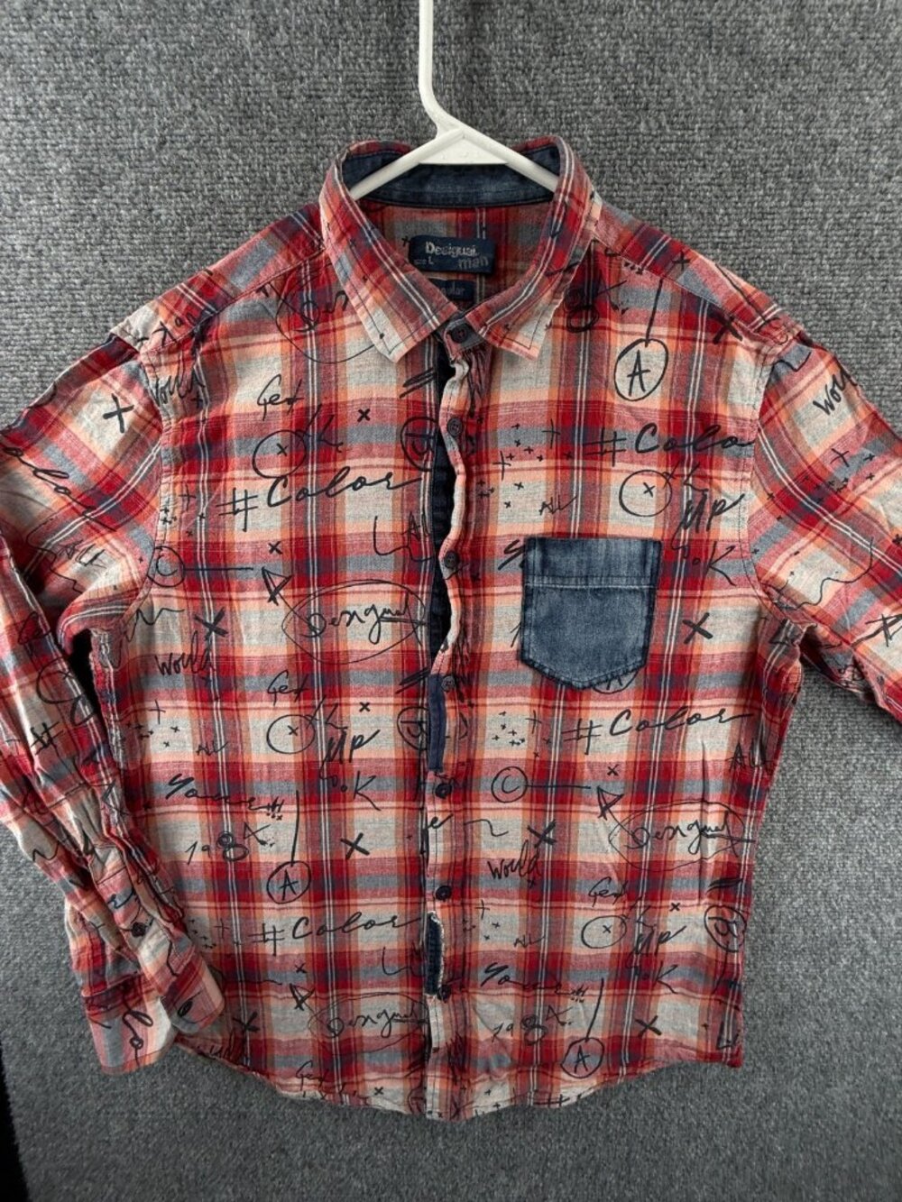 Desigual Lightweight Flannel Blue Red Large Button-Down Plaid Shirt Pocket Mens